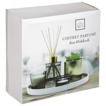 Coffret diffuseur parfum et bougie Senteur Rose et Patchouli Plateau céramique