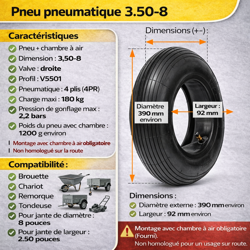 Pneu Brouette / Chariot 3.50-8 V5501 4PR + Chambre à air Max 180 kg