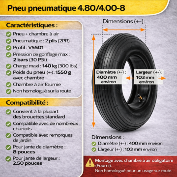 Pneu brouette 4.80-4.00-8 + chambre a air 2PR