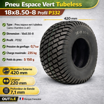Pneu de tondeuse 18x8.50-8 P332 2PR TL 235KG